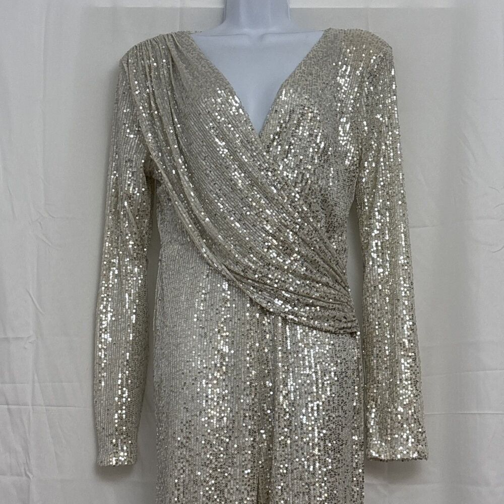 Ricarica Silver Sequin Jumpsuit, Long Sleeve, V Neck, Bell Bottoms, Women’s XL